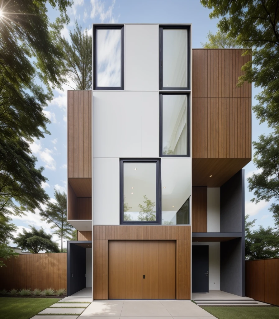 house exterior, modern style, wooden ceiling, white wall, wooden wall, wooden door, glass door, (actual: 1.2), Masterpiece, high-end, best quality, authentic, weatherproof super price , outdoor, road, sidewalk, grass, trees, sky, cloud, (daylight:1.1)