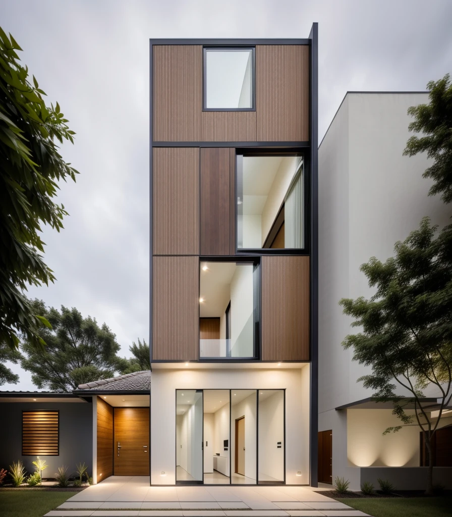 house exterior, modern style, wooden ceiling, white wall, wooden wall, wooden door, glass door, (actual: 1.2), Masterpiece, high-end, best quality, authentic, weatherproof super price , outdoor, road, sidewalk, grass, trees, sky, cloud, (daylight:1.1)