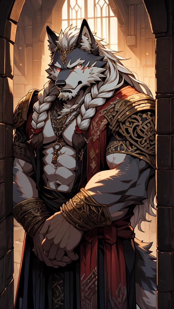 (masterpiece),(highres),(intricate details:1.4),extremely detailed,(illustration),incredibly detailed,photorealistic,8k,Anime headshot,exquisite,solo,aged male wolf,muscular,general,(damaged body:1.3),long hair,white hair,braided hair,long beard,heavy scar,naked,captured,imprisoned,dungeon,tortured,chains around body,(extreme pain:1.3),distressed,weak,delirious,malnourished,gaunt,(Warhammer 40K:0.8)