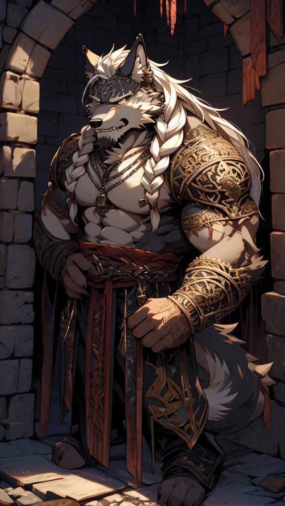(masterpiece),(highres),(intricate details:1.4),extremely detailed,(illustration),incredibly detailed,photorealistic,8k,Anime headshot,exquisite,solo,aged male wolf,muscular,general,(damaged body:1.3),long hair,white hair,braided hair,long beard,heavy scar,naked,captured,imprisoned,dungeon,tortured,chains around body,(extreme pain:1.3),distressed,weak,delirious,malnourished,gaunt,(Warhammer 40K:0.8)
