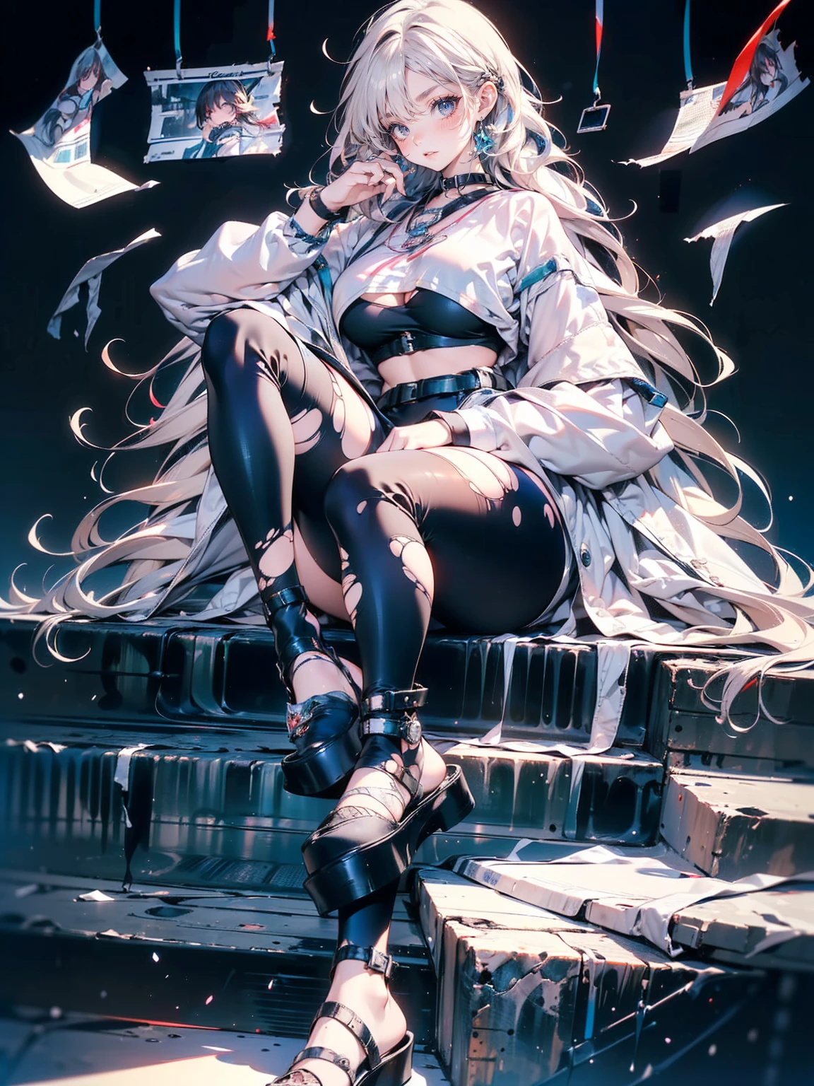 (((unique look:1.5, The eyes of famous artists, Unique Fashion, Slit Skirt)))、Pink Hair (White Hair Girl), (Thick, dark blue eyebrows:1.4), (Dark blue eyebrows:1.7), (Thick eyebrows:1.3), (Huge black fluffy animal ears:1.1), (Black animal ears:1.1), BREAK, (((mesh, Mesh Stitching Crop T-Shirt, Cutout Long Sleeve Top))),BREAK, (Big Breasts:1.2, Thick legs, Adult female body, Sturdy body:1.5), , (sharp eyes, Ultra-high definition CG, Precisely designed costumes, 4K, 8K, Ultra-high definition CG, , Expressive and Captivating Eyes, Fine Details and Realistic Textures, cinematic lighting), , BREAK, (Wearing black leggings with holes), Skinny sleeves, (Torn and holey leggings:1.2)(Black leggings:1.4), (Punkish Boots:1.2), (Thick sole:1.5), (Big shoes:1.3), ((unique look:1.5, The eyes of famous artists))