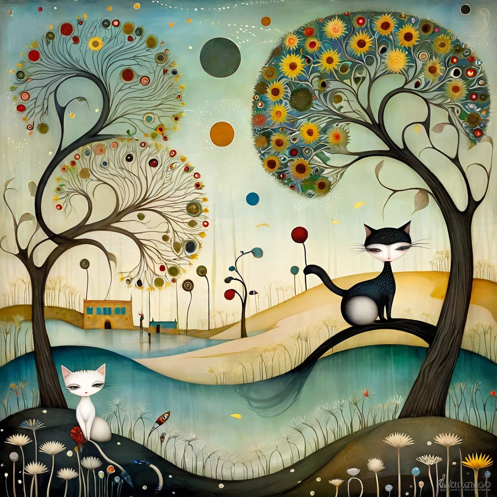 style inspired by Klimt, Nicoletta Ceccoli, Catrin Welz-Stein, Didier Lourenço, and Leonora Carrington. In the seascape of a beach, with dunes, grass, a large tree with many large branches moving in every direction. On the branches are cats, with long necks and tails and many colors, sleeping. sunflower and dandelion flowers.