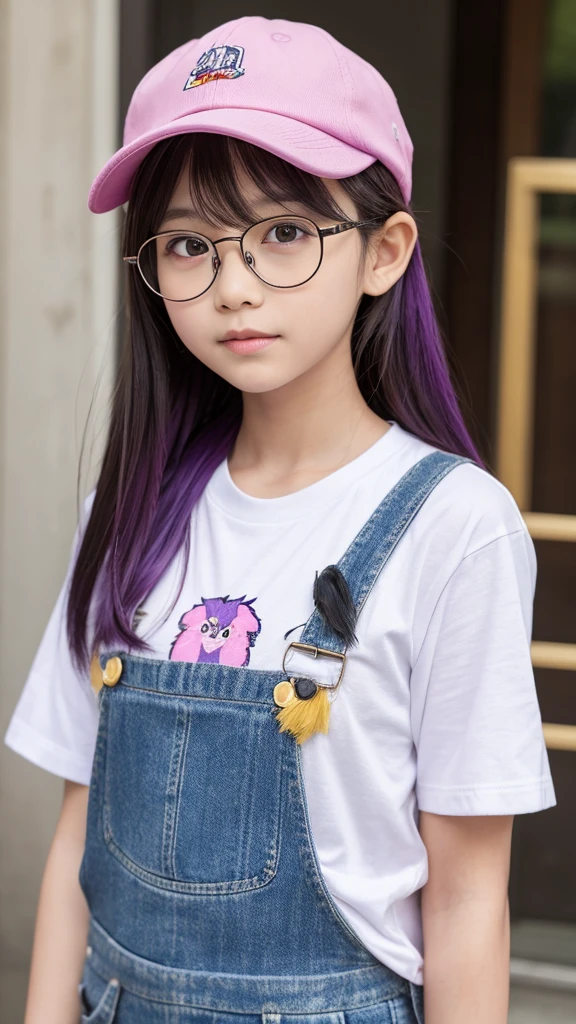A 10 year old girl wearing glasses、Dye your hair purple、The glasses are thick and black.、Keep your bangs wide open、「ARARE」Wearing a pink cap with &quot;、The feathers on the cap are white and there is one on each side.、Wearing a red T-shirt and overalls、The foldover of the T-shirt is yellow、