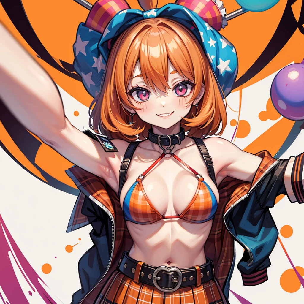 the clown girl, funny, painted face smiling evilly, sexy bikini, orange hair, big breasts, punk rock belt, plaid skirt, psychotic circus background.