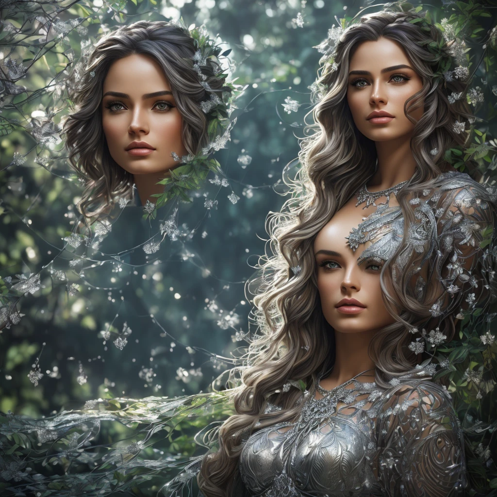 a beautiful woman sitting in a lush garden, time has stopped, the clocks have frozen, colorful spider webs dance in the air, silver fish-like leaves float around, intricate surreal dreamscape, highly detailed, cinematic lighting, moody colors, dramatic atmosphere, (best quality,4k,8k,highres,masterpiece:1.2),ultra-detailed,(realistic,photorealistic,photo-realistic:1.37),stunning portrait,dramatic lighting,detailed face and eyes,elegant pose,magical realism,fantasy,surreal