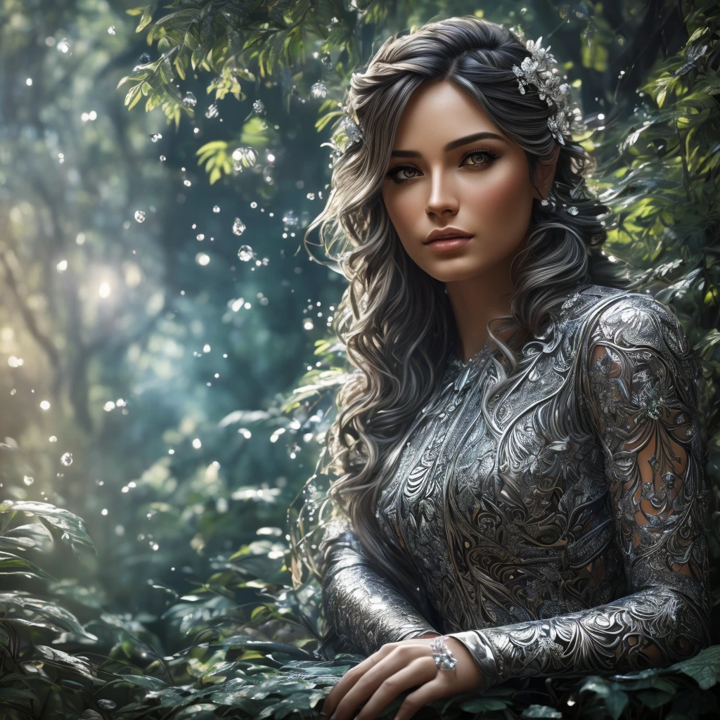a beautiful woman sitting in a lush garden, time has stopped, the clocks have frozen, colorful spider webs dance in the air, silver fish-like leaves float around, intricate surreal dreamscape, highly detailed, cinematic lighting, moody colors, dramatic atmosphere, (best quality,4k,8k,highres,masterpiece:1.2),ultra-detailed,(realistic,photorealistic,photo-realistic:1.37),stunning portrait,dramatic lighting,detailed face and eyes,elegant pose,magical realism,fantasy,surreal