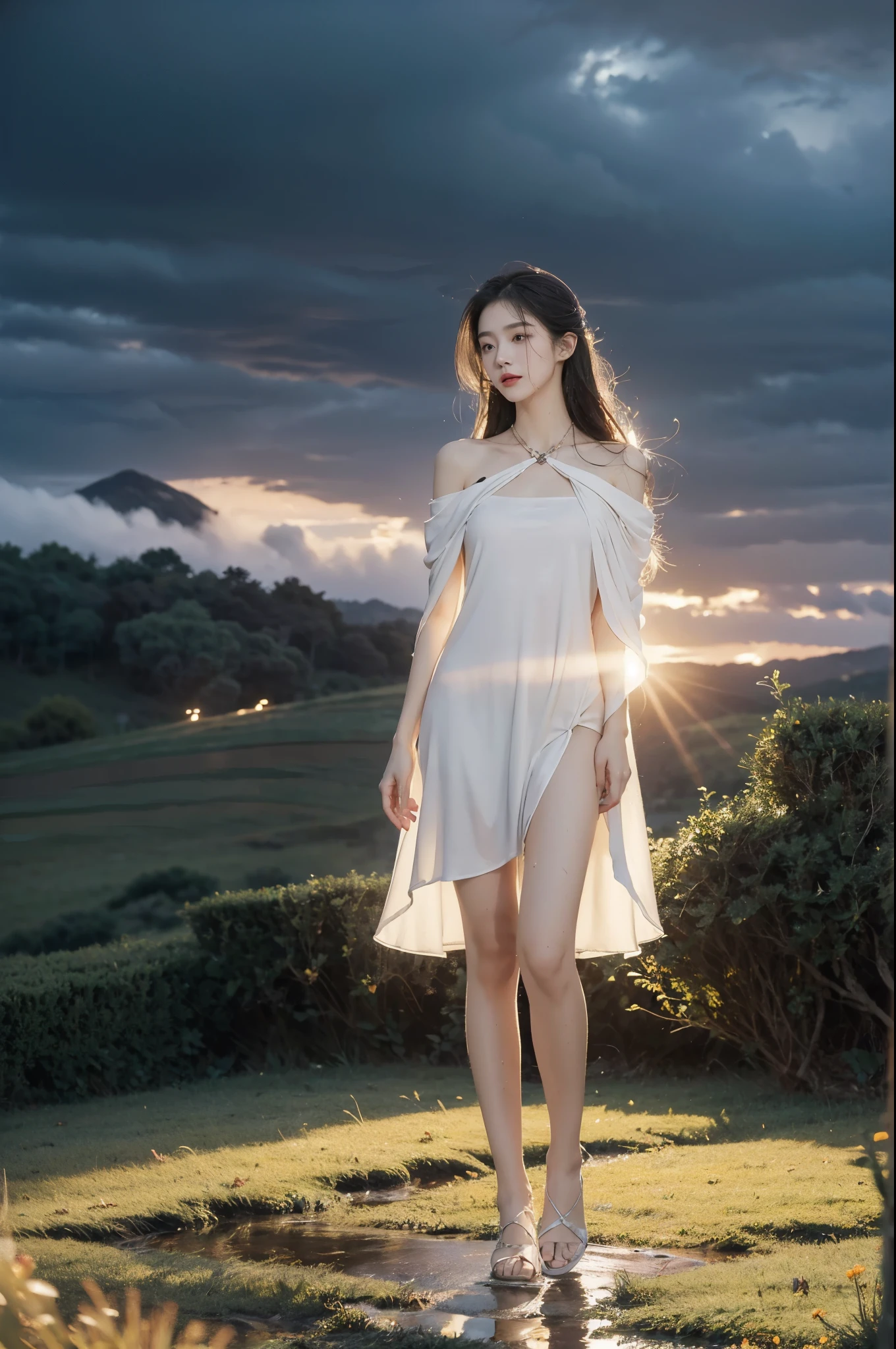 (((best quality))),(((ultra detailed))),(((masterpiece))),illustration,((1 beautiful girl,solo)),((slim,thin,flat chest)),(shoulder length straight hair:1.2),flowing hair,fair skin,(shiny skin:1.3),detailed eyes,laughing,(shirt-dress:1.3),delicate necklace,grass,dewdropletts,trees,bird chirping,serenity,gratitude,awe,wonders of nature,peace,contentment,magnificent world,summer,(pitch-dark dawn:1.5),(night scene:1.3),((full body,from front)),after rain,(wet:1.3),standing,on the path,At the mountaintop,confident gaze,elegant posture,mysterious atmosphere,solemn mood,dawn approaching,detailed decorations,(sunrise:1.3),(cloudy sky:1.2),rainbow,(Rural Landscape:1.2),horizon,slender legs,sneakers,arms behind back