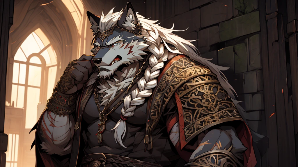 (masterpiece),(highres),(intricate details:1.4),extremely detailed,(illustration),incredibly detailed,photorealistic,8k,Anime headshot,exquisite,solo,aged male wolf,muscular,general,(damaged body:1.3),long hair,white hair,braided hair,long beard,heavy scar,naked,captured,imprisoned,dungeon,tortured,chains around body,(extreme pain:1.3),distressed,weak,delirious,malnourished,gaunt,(Warhammer 40K:0.8)