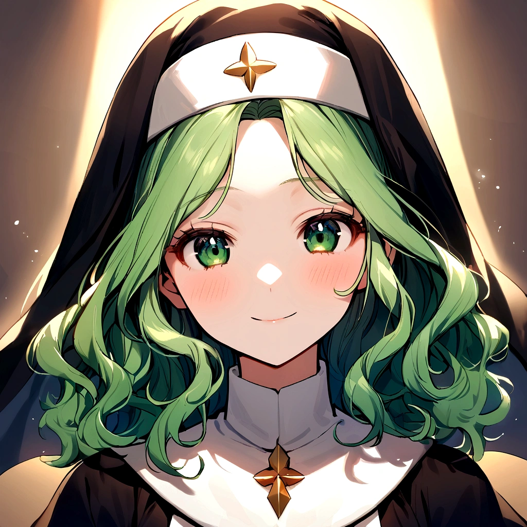 Everything from the waist up、One Girl,20-year-old,Beautiful Face,Wavy Hair, Green Hair,Parted bangs、 Sharp focus,Nun's clothing、A kind smile、Gentle eyes、Droopy eyes、Green Eyes
