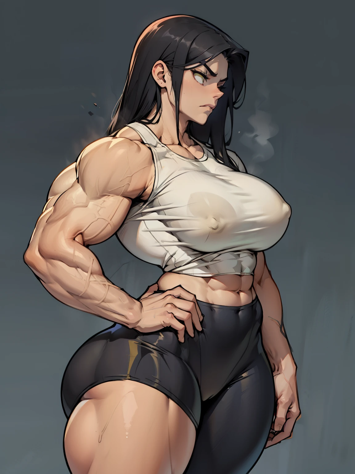 massive breasts huge muscles muscular girl toned body bodybuilder grey background leggings tight shirt black hair yellow eyes pale skin long hair wide hips curvy thick thighs thick thick thick thick tight sad frown expressionless