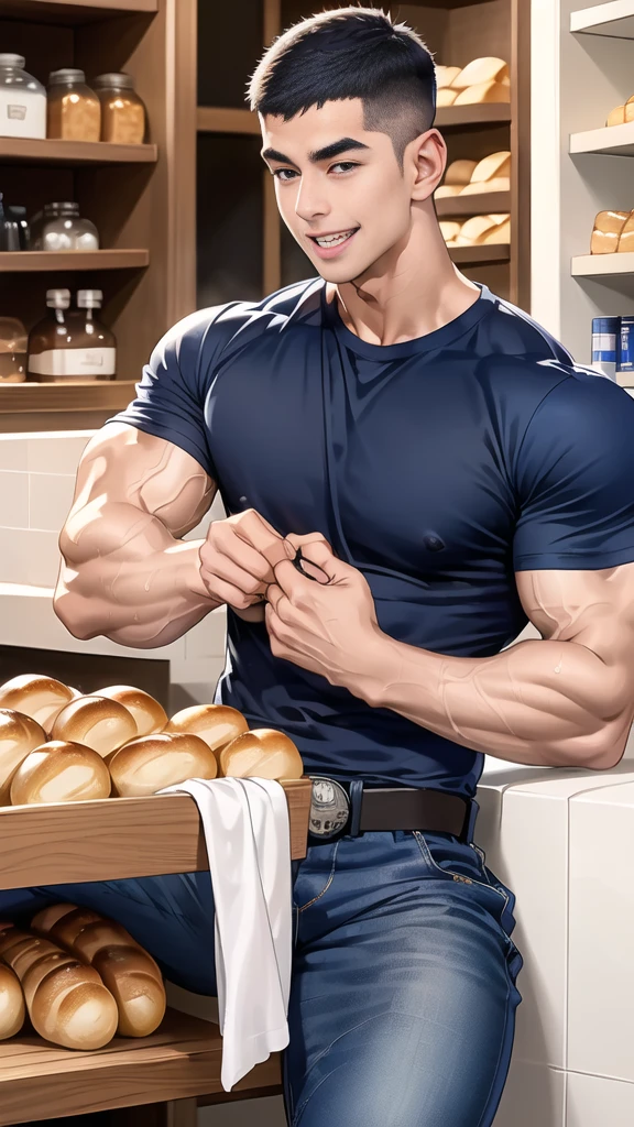 (NSFW: 1.5), (handsome Man sitting on table eating bread ),(crew cut short hair:1.8),black eye,(Wear a fitted round neck t-shirt in navy with a police badge.:1.5),(fit neck),Navy blue jeans,(black_gloves:1.2), Korean guy,chest muscles,large arm muscles,blood vessel,Big muscles,Broad shoulders, (open mouth:1.2),(face up:1.2),(open eyes:1.5), middle of the road,smile, In the bread shop,