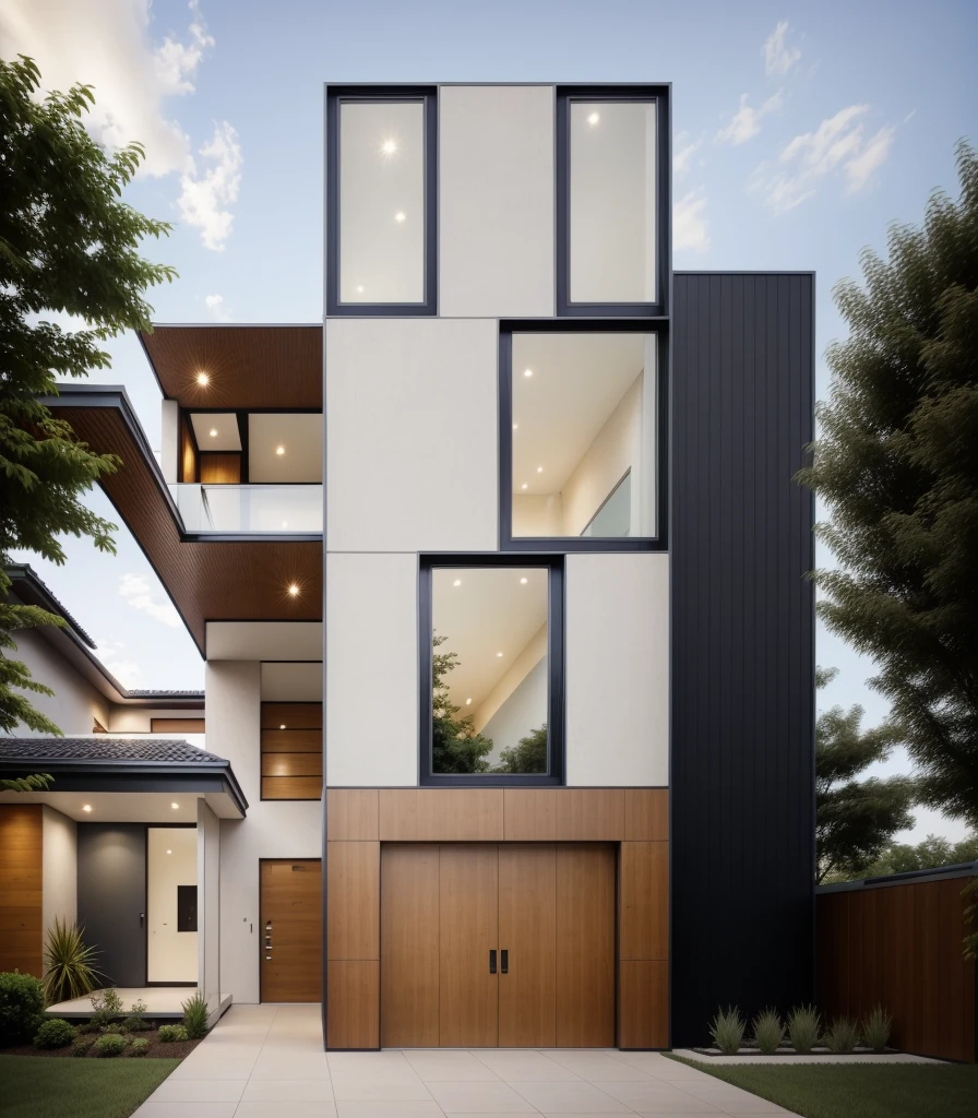 house exterior, modern style, wooden ceiling, white wall, wooden wall, wooden door, glass door, (actual: 1.2), Masterpiece, high-end, best quality, authentic, weatherproof super price , outdoor, road, sidewalk, grass, trees, sky, cloud, (daylight:1.1)
