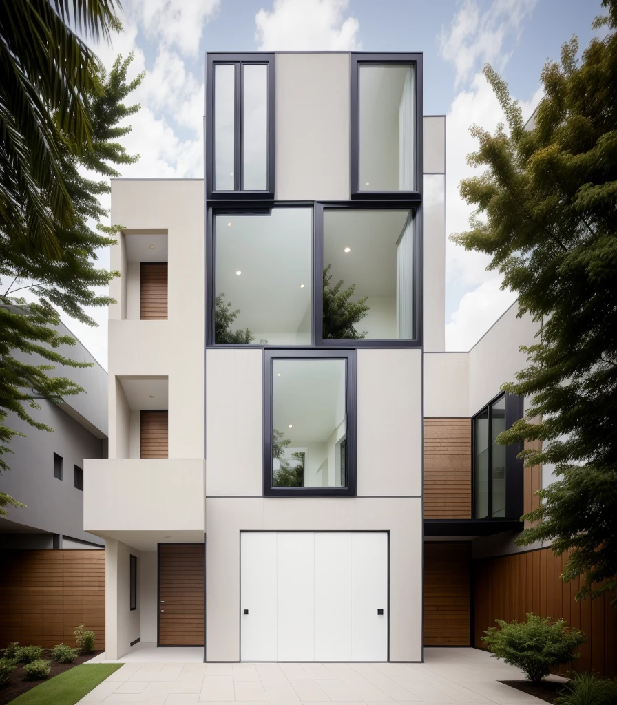 house exterior, modern style, wooden ceiling, white wall, wooden wall, wooden door, glass door, (actual: 1.2), Masterpiece, high-end, best quality, authentic, weatherproof super price , outdoor, road, sidewalk, grass, trees, sky, cloud, (daylight:1.1)