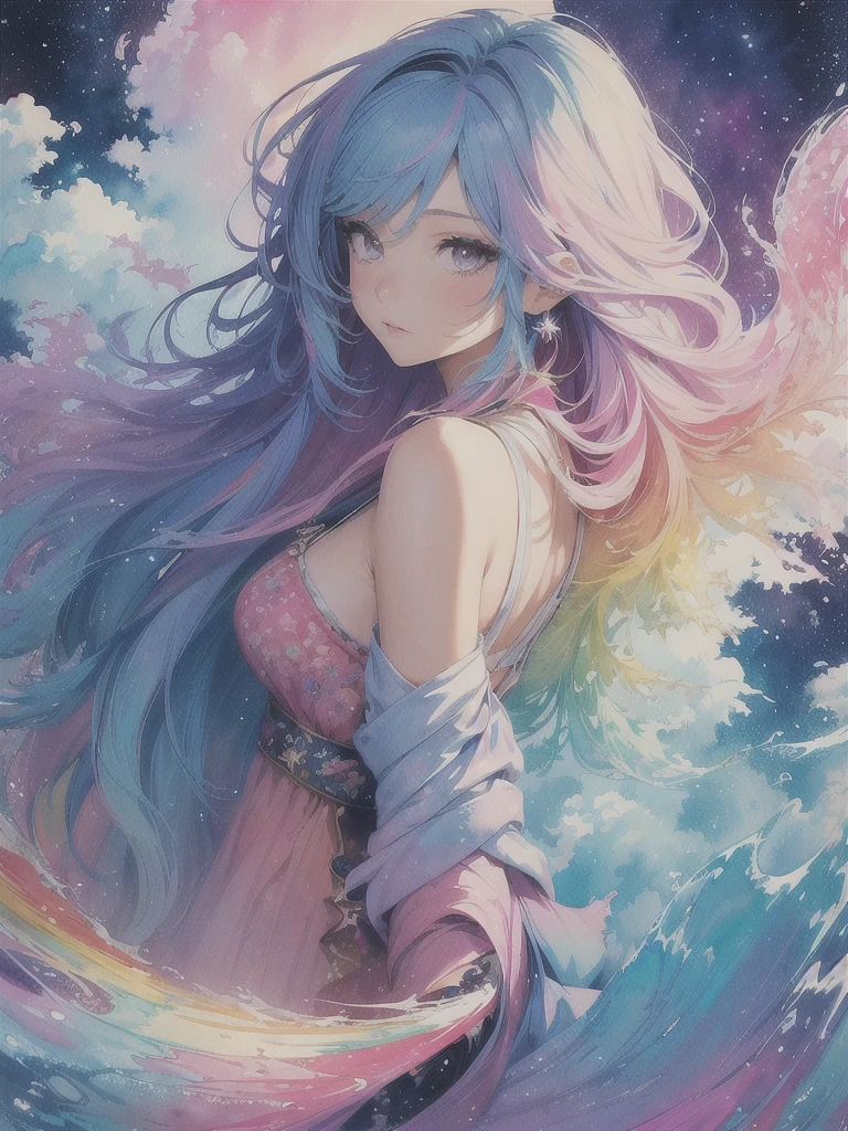 (masterpiece, top quality, best quality,watercolor (medium),official art, beautiful and aesthetic:1.2),(1girl:1.3), (fractal art:1.3),upper body, from side, looking at viewer,patterns,(rainbow color Hair,colorful hair,half blue and half pink hair:1.2),water,liquid, cloud,colorful, starry,stars,