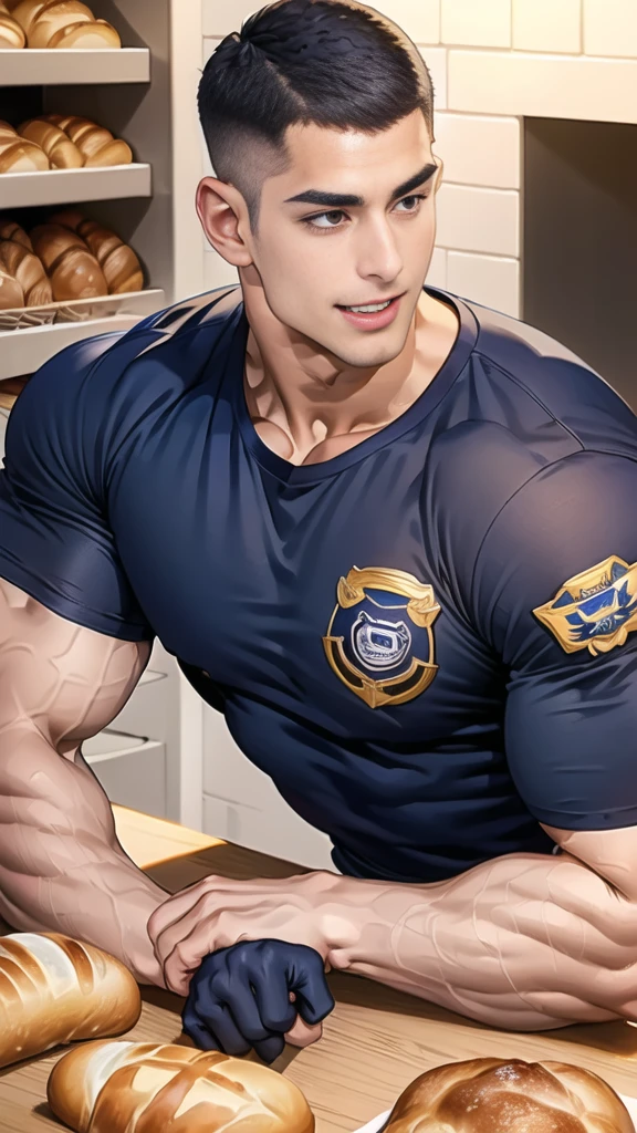 (handsome Man sitting on table eating bread ),(crew cut short hair:1.8),black eye,(Wear a fitted round neck t-shirt in navy with a police badge.:1.5),(fit neck),Navy blue jeans,(black_gloves:1.2), Korean guy,chest muscles,large arm muscles,blood vessel,Big muscles,Broad shoulders, (open mouth:1.2),(face up:1.2),(open eyes:1.5), middle of the road,smile, In the bread shop,