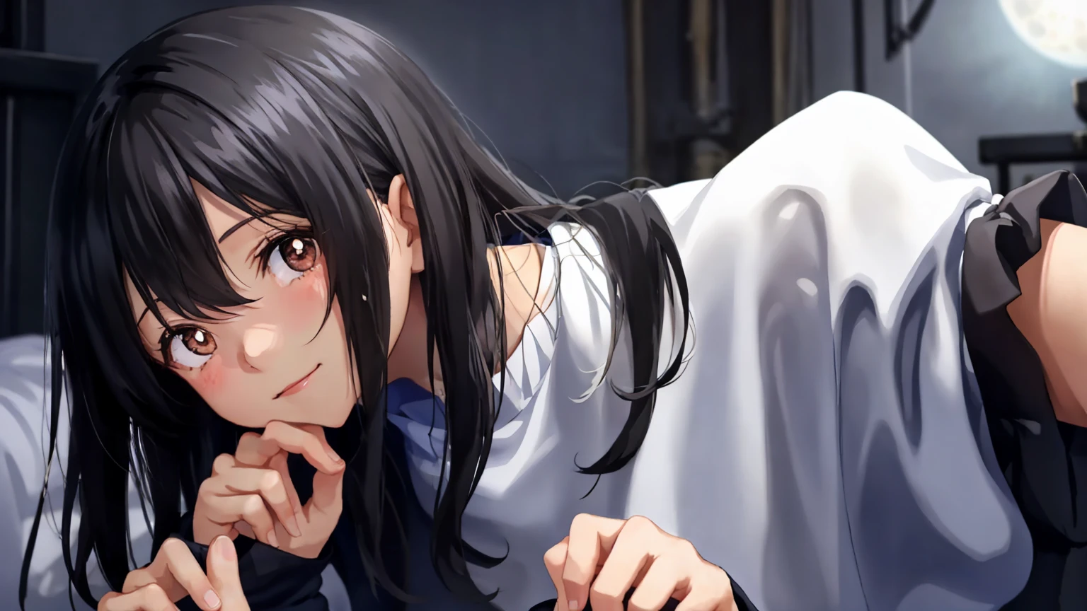 floor level, below face, masterpiece, light smile, a anime woman lying on the floor looking at the camera, black long hair, amber eyes color, perfect face and eyes, chest squeezing the floor wood, can seen butt and feet back head, casual clothes, natural light, chiaroscuro, in bedroom
