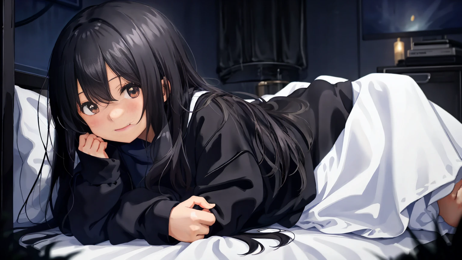 "In a dark room illuminated only by the moonlight, an anime girl in an oversized black sweatshirt. The room is nearly dark, with the moonlight giving a gentle glow to her figure. Her sleeves are long, and only a small part of her fingers is visible, making her look cute. She has long black hair and a shy, bashful smile, looking at the viewer."