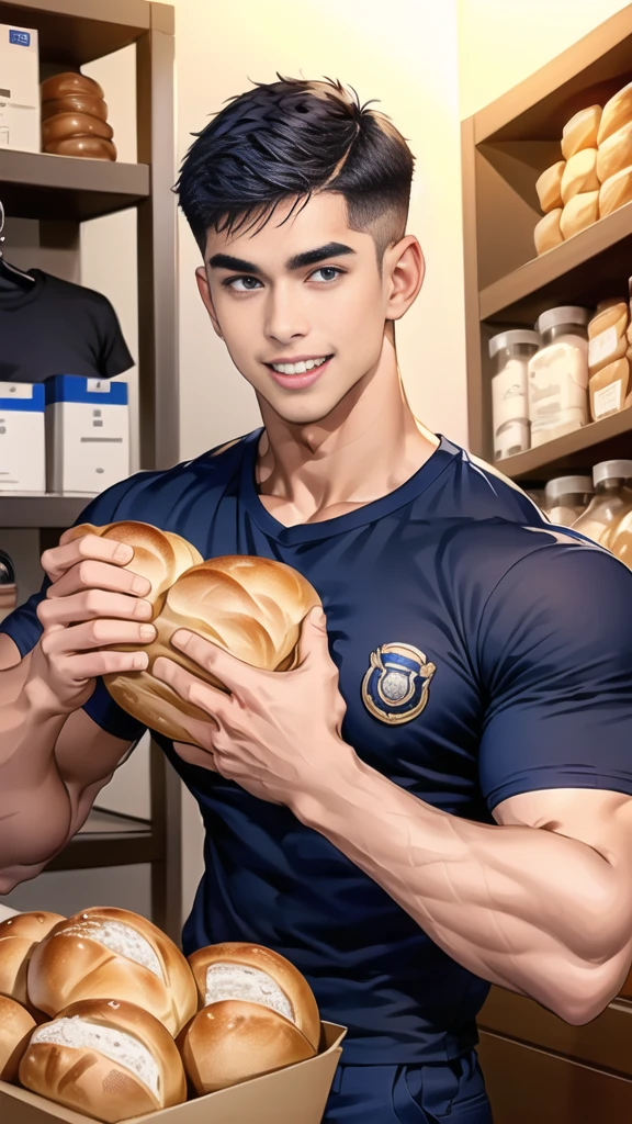 (handsome Man sitting on table eating bread ),(crew cut short hair:1.8),black eye,(Wear a fitted round neck t-shirt in navy with a police badge.:1.5),(fit neck),Navy blue jeans,(black_gloves:1.2), Korean guy,chest muscles,large arm muscles,blood vessel,Big muscles,Broad shoulders, (open mouth:1.2),(face up:1.2),(open eyes:1.5), middle of the road,smile, In the bread shop, 