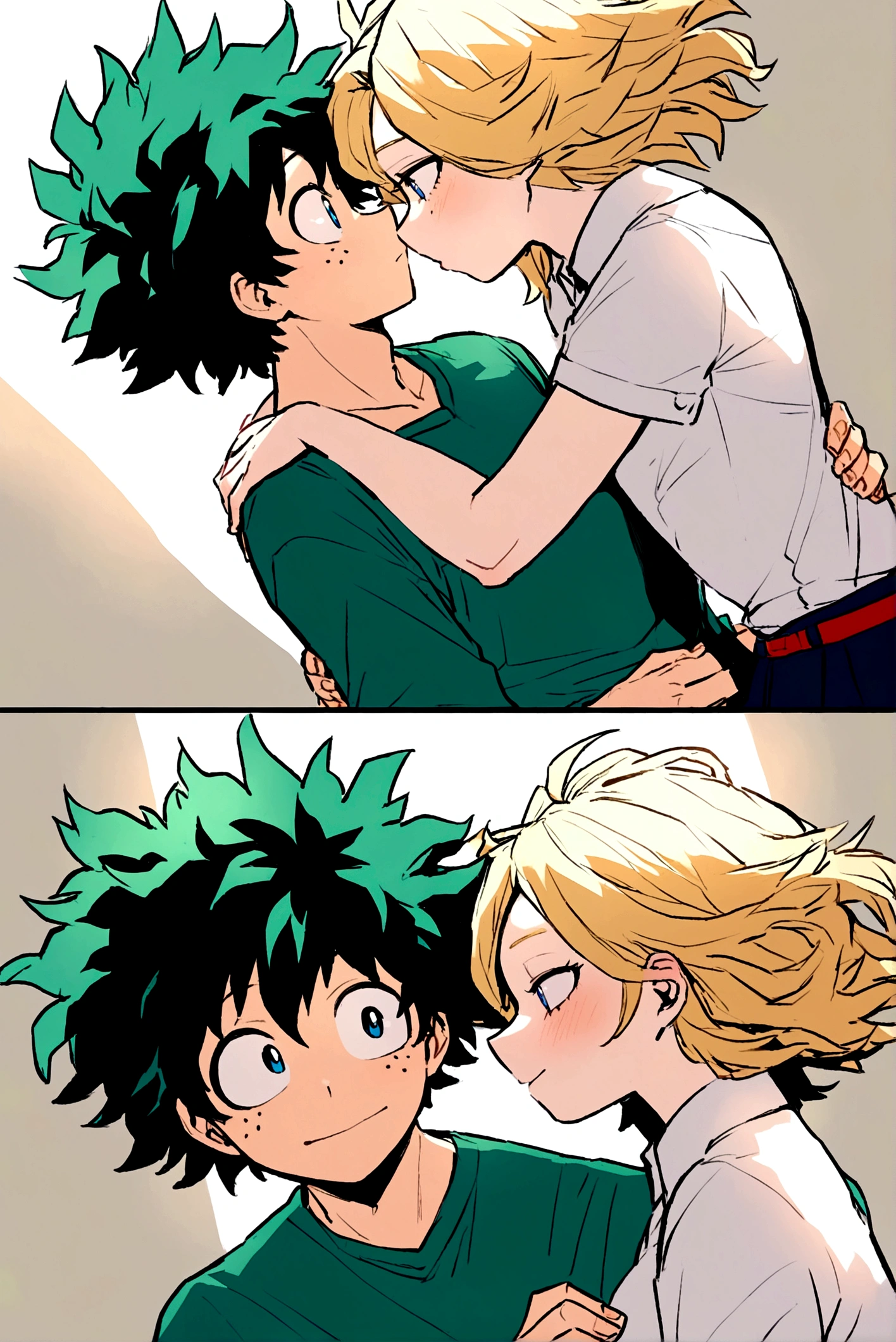 My hero academia, girl with long yellow messy hair and bright blue eyes with Midoriya Izuku, romantic relationship