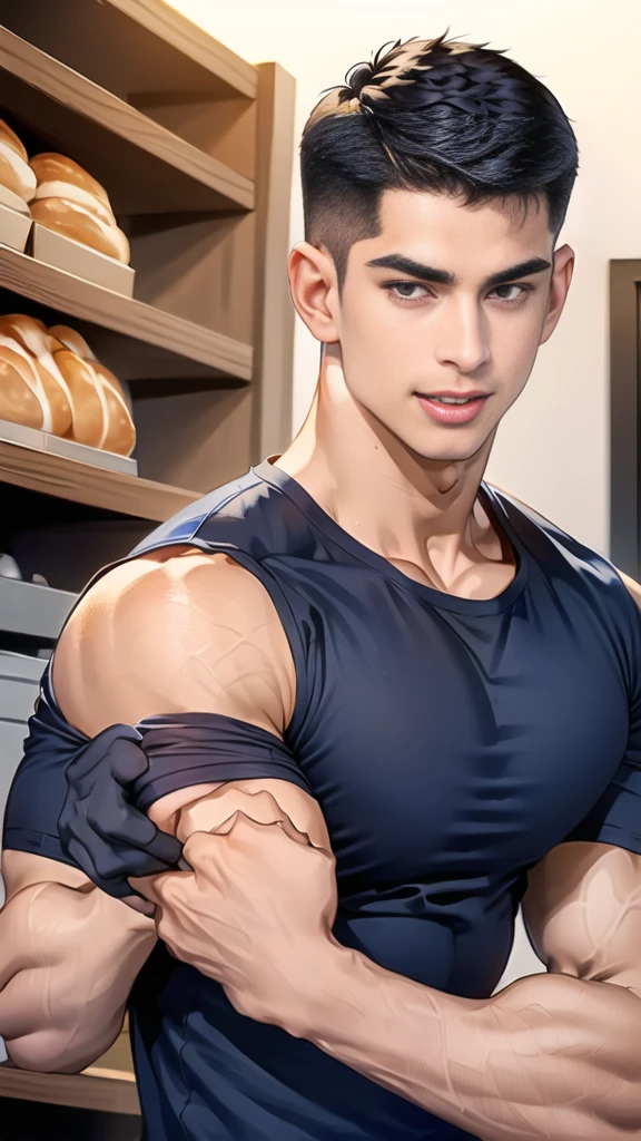 (handsome Man),(crew cut short hair:1.8),black eye,(Wear a fitted round neck t-shirt in navy with a police badge.:1.5),(fit neck),Navy blue jeans,(black_gloves:1.2), Korean guy,chest muscles,large arm muscles,blood vessel,Big muscles,Broad shoulders, (open mouth:1.2),(face up:1.2),(open eyes:1.5), middle of the road,smile, In the bread shop, (bread in hand)