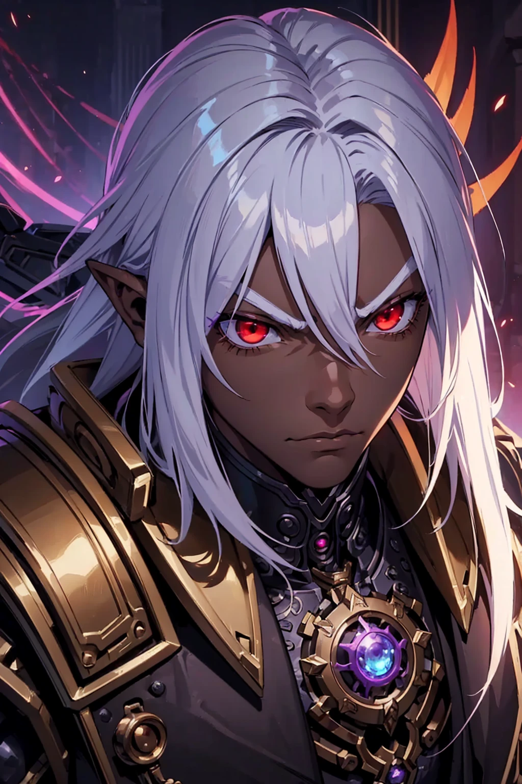 ((best quality)), ((masterpiece)), (detailed), ((boy)), ((mechanical armor)), (steampunk), (serious), dark skinned, human, upper body, portrait, red eyes, long white hair, Xemnas from Kingdom Hearts, half-drow, pointy ears, serious face, dramatic lighting, purple hue, art by Kinema Citrus