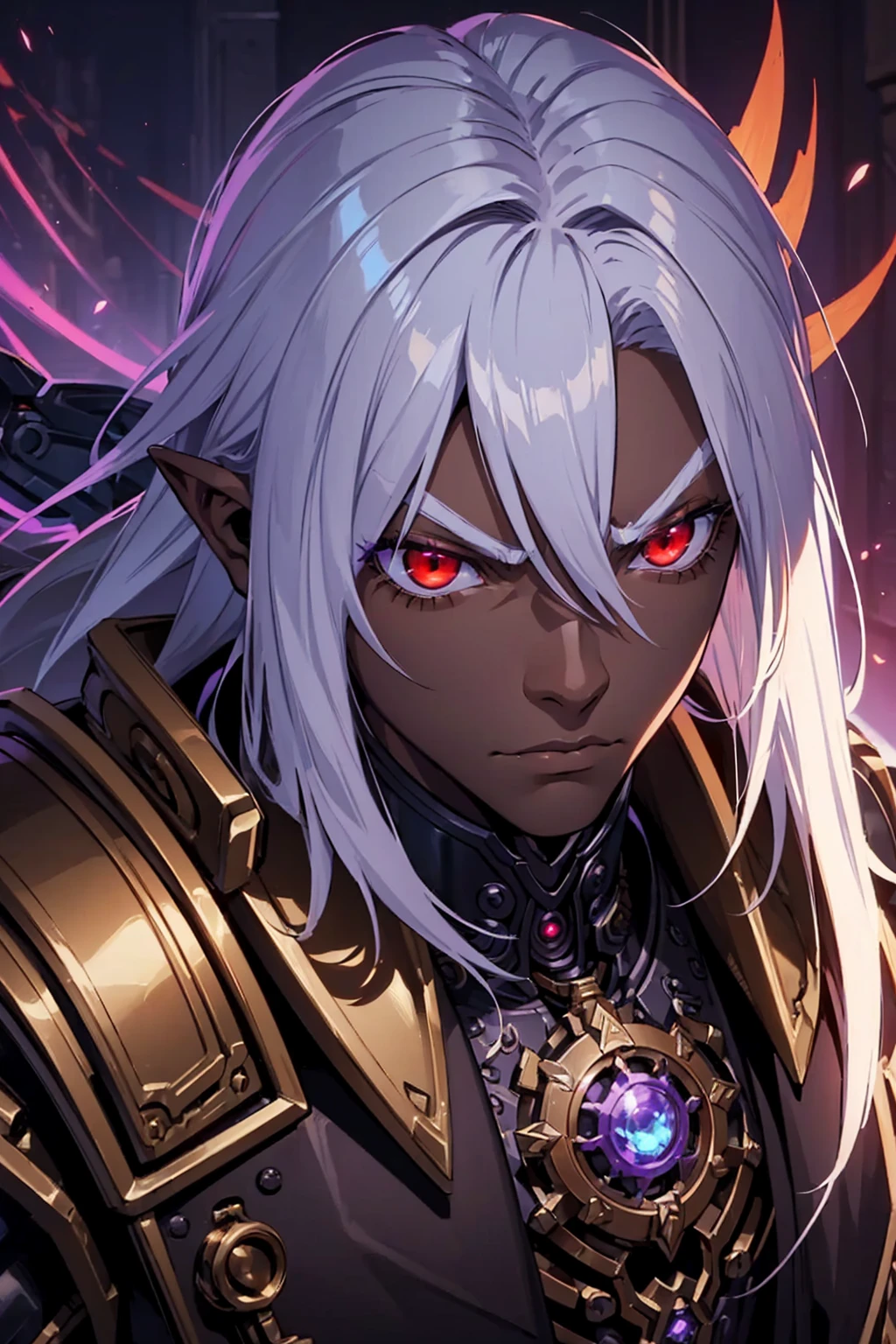 ((best quality)), ((masterpiece)), (detailed), ((boy)), ((mechanical armor)), (steampunk), (serious), dark skinned, human, upper body, portrait, red eyes, long white hair, Xemnas from Kingdom Hearts, half-drow, pointy ears, serious face, dramatic lighting, purple hue, art by Kinema Citrus