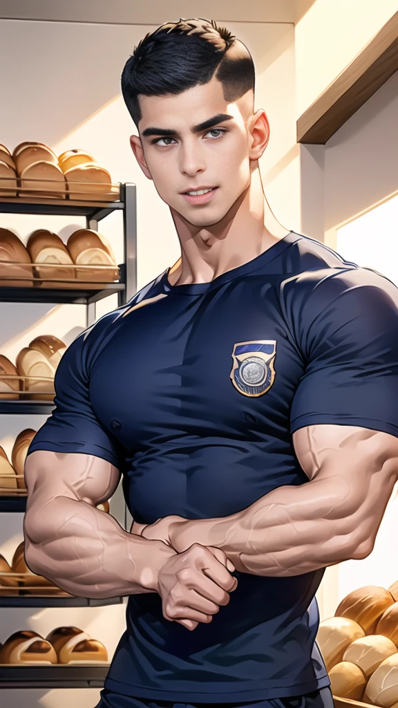 (handsome Man),(crew cut short hair:1.8),black eye,(Wear a fitted round neck t-shirt in navy with a police badge.:1.5),(fit neck),Navy blue jeans,(black_gloves:1.2), Korean guy,chest muscles,large arm muscles,blood vessel,Big muscles,Broad shoulders, (open mouth:1.2),(face up:1.2),(open eyes:1.5), middle of the road,smile, In the bread shop, (bread in hand)