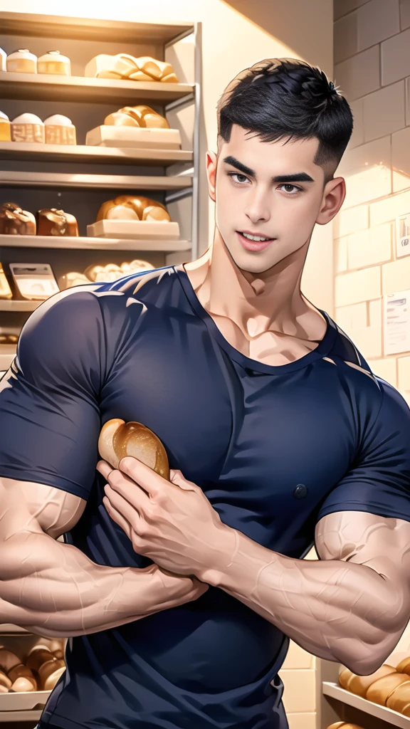 (handsome Man),(crew cut short hair:1.8),black eye,(Wear a fitted round neck t-shirt in navy with a police badge.:1.5),(fit neck),Navy blue jeans,(black_gloves:1.2), Korean guy,chest muscles,large arm muscles,blood vessel,Big muscles,Broad shoulders, (open mouth:1.2),(face up:1.2),(open eyes:1.5), middle of the road,smile, In the bread shop, (bread in hand)