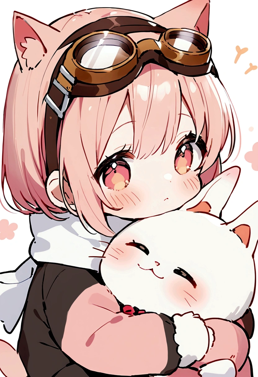 Simplify lines，2D HD，Beautiful photos，A little cat wearing a white scarf，Pink blush，Adorable rabbit，Cat with goggles on his head，Kilo，Clear lines