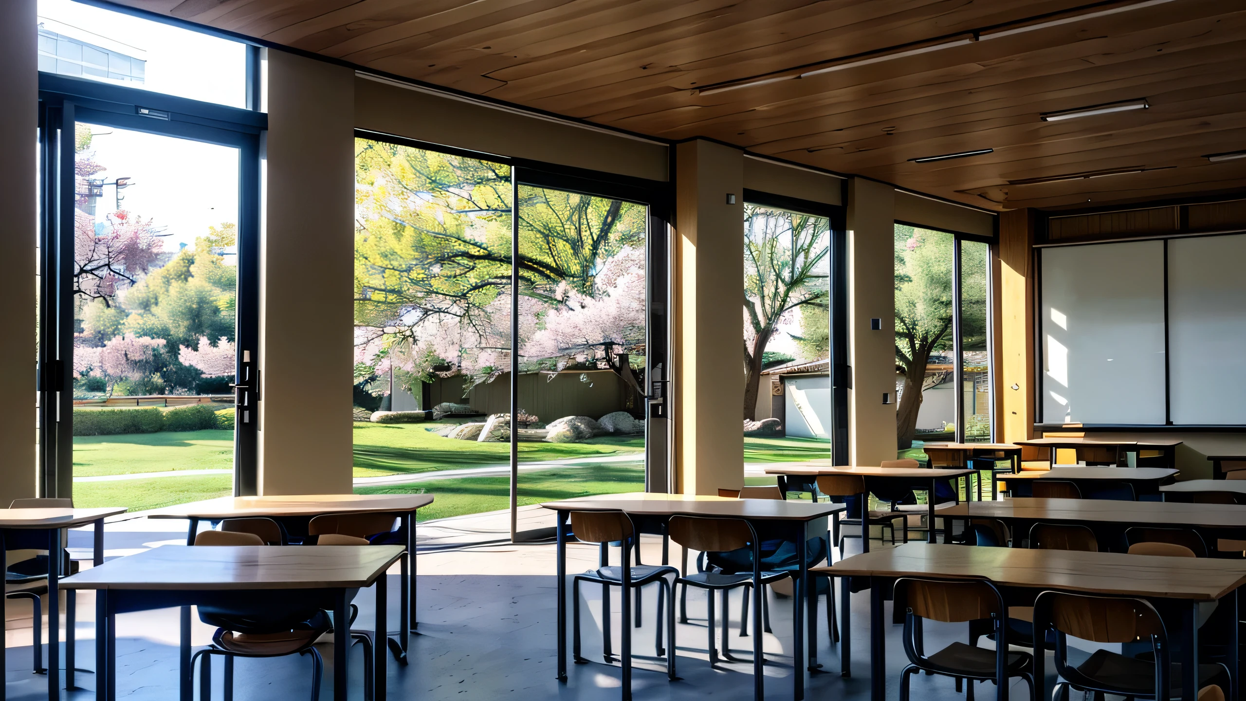 Classroom, multiple desks and Charis, spacious, chalkboard, blackboard at front of the class, teachers desk at the front of room, light wood colors, golden, no people, empty classroom, straight on POV from back of class, no POV angles, linear, door on right side of room, clean chairs, detailed chairs, detailed desks, high resolution, widows on left side, full windows left side, Japanese feel, cherry blossoms outside, Luscious training ground outside, beautiful grass outside