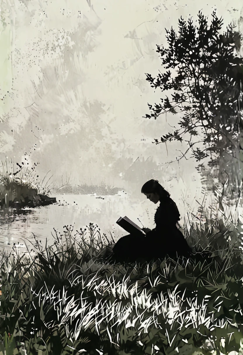 masterpiece, a beautiful girl lies on her stomach on the lawn and reads a book, painting in the style of Anders Zorn, Alexi Brilo, Luisa Royo, Studio Ghibli Genshin Impact