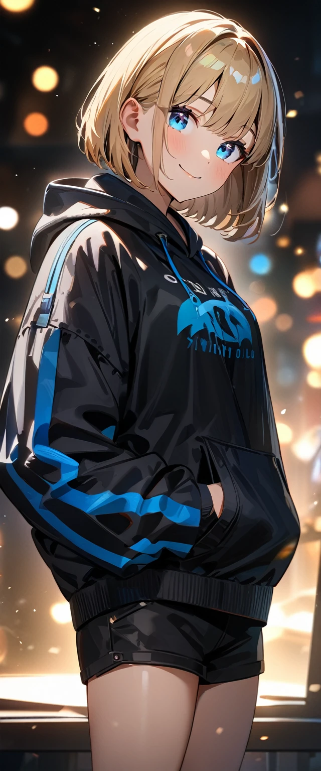 (((One girl))), Shibuya, blond hair, bob cut, ((face on focus)), (looking at viewer), breasts, teenager, head tilt:1.3, (((blue eye))), constricted pupils, (from side), hand in pocket, ((happy smile)), black hoodie:1.3, black shorts:1.3, anime style, (best quality, 4k, 8k, highres, masterpiece:1.2, ultra-detailed, ultra-detailed eyes, HDR, UHD, studio lighting, ultra-fine painting, sharp focus, physically-based rendering, extreme detail description, professional, vivid colors, bokeh)