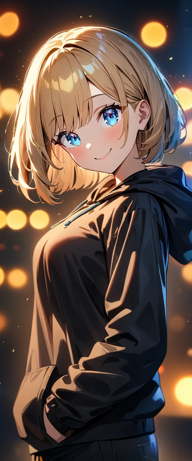 (((One girl))), blond hair, bob cut, (upper body), (looking at viewer), breasts, teenager, head tilt:1.3, (((blue eye))), (from side), hand in pocket, ((happy smile)), black hoodie, black shorts, anime style, (best quality, 4k, 8k, highres, masterpiece:1.2, ultra-detailed, ultra-detailed eyes, HDR, UHD, studio lighting, ultra-fine painting, sharp focus, physically-based rendering, extreme detail description, professional, vivid colors, bokeh)