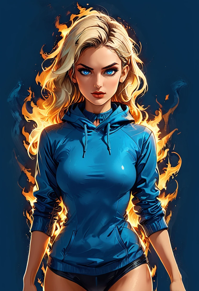 ((((glowing blue eyes, blue flaming eyes, blue eyes trail, flaming eyes, eyes trail,)burningeye,))) deep shadows, dark shadows, ((blue aura):1.5), (dark aura), outline blue light, (fight pose, dynamic pose, fight stance),
portrait girl with flaming blue eyes in Blue oversized hoodie and black Elastic shorts surrounded by a dark blue aura at dark green office, adult, [Nordic], Hourglass elongated fitness body, perfect Olive skin, Oval Face, Long neck, Rounded shoulders, perfect hand,  Attached Pointed ears, round forehead, Short blonde Waves pixie hair, snub nose, Arched eyebrows, High Round Narrow cheekbones, Dimpled Cheeks, Rounded Chin, Rounded Jawline,  Full nude Lips, Nude Makeup Look, long eyelashes, 

 graphic style of novel comics, 2d, 8k, hyperrealism, masterpiece, high resolution, best quality, ultra-detailed, super realistic, Hyperrealistic art, high-quality, ultra high res, highest detailed, lot of details, Extremely high-resolution details, incredibly lifelike, colourful, soft cinematic light,