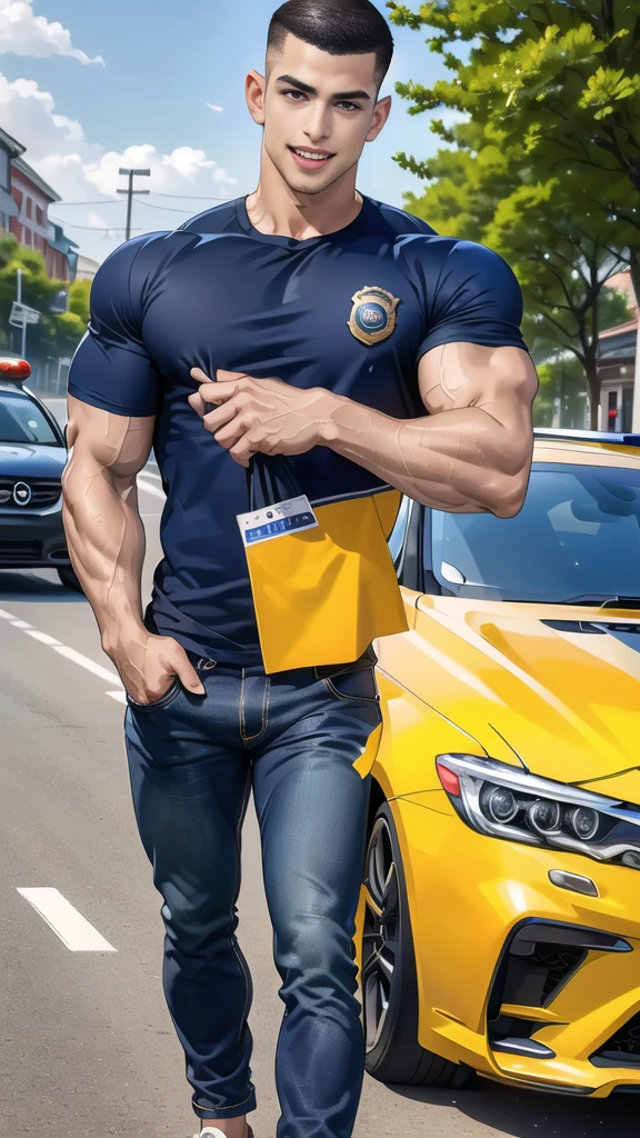 (Create a masterpiece: 1.2),(CGI art:1.3),(realistic:1.5),(After processing:1.3),(Sharp focus:1.3), 1 man holds the steering wheel of a car ,(crew cut short hair:1.8),black eye, smile, (Wear color navy round neck T-shirt with a Police badge: 1.3), Navy blue jeans, Korean guy , korean men, (High gloss details), chest muscles, large arm muscles, blood vessel, Big muscles, Broad shoulders, looking at the audience, Balancing the eyes, middle of the road, (drive a car: 1.5), (in the car: 1.3), , middle of the road, (open mouth:1.2)
