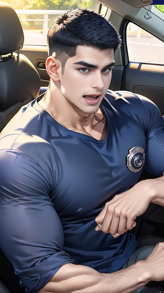 (Create a masterpiece: 1.2),(CGI art:1.3),(realistic:1.5),(After processing:1.3),(Sharp focus:1.3), 1 man holds the steering wheel of a car ,(crew cut short hair:1.8),black eye, smile, (Wear color navy round neck T-shirt with a Police badge: 1.3), Navy blue jeans, Korean guy , korean men, (High gloss details), chest muscles, large arm muscles, blood vessel, Big muscles, Broad shoulders, looking at the audience, Balancing the eyes, middle of the road, (drive a car: 1.5), (in the car: 1.3), , middle of the road, (open mouth:1.2)