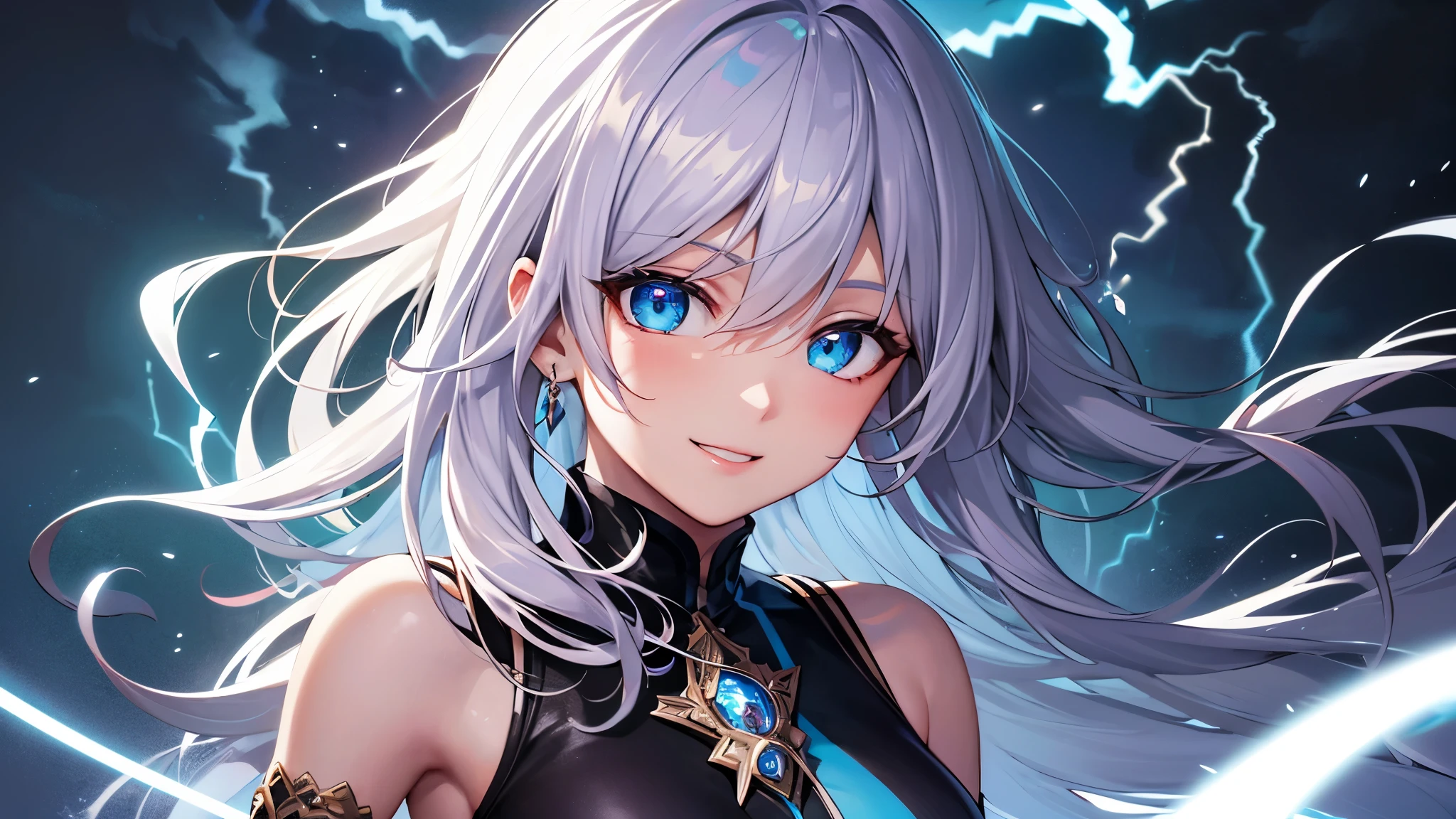 Highest quality, 8K, 4K, High resolution, (Beautifully detailed face), High Contrast,Colorful Hair , Mr.々Hairstyle , Colorful and clear eyes,Upper Eye,Small breasts,20generation, The magic of lightning, Brown Skin, Happy, smile , One girl