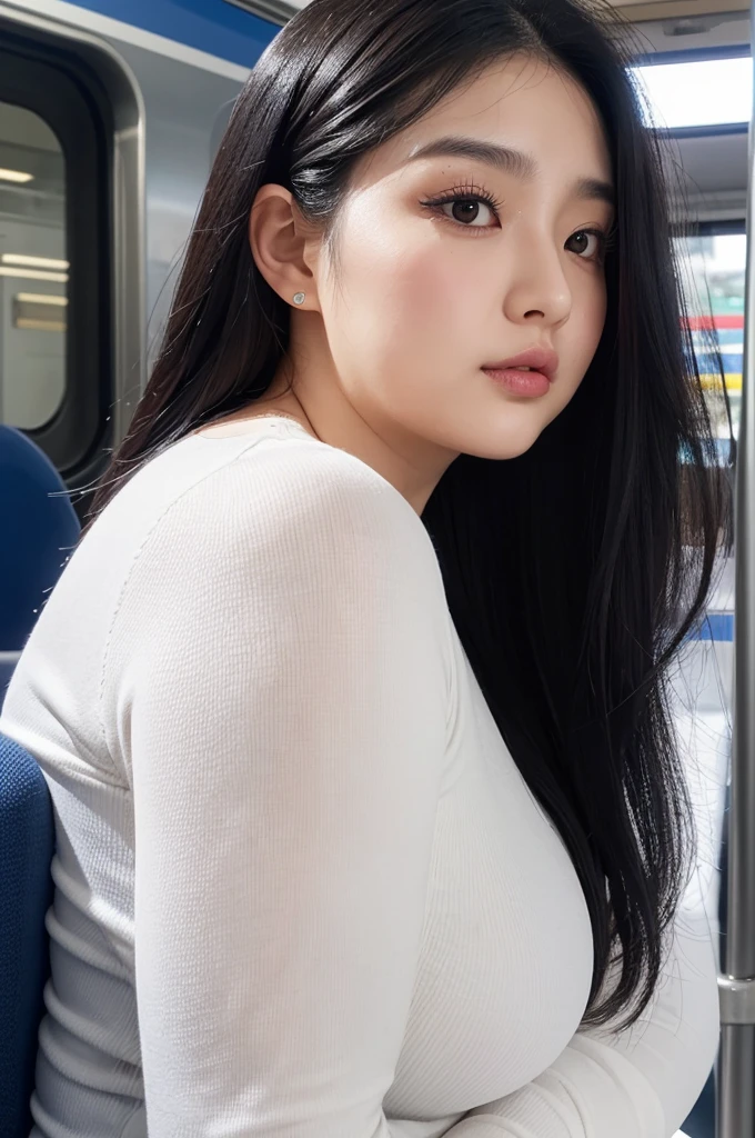 adult plump woman,dark black hair,27 years old,make up,(fair skin,thick upperarms:1.3),upperbody,close up,at train,crewneck white shirt,from side,