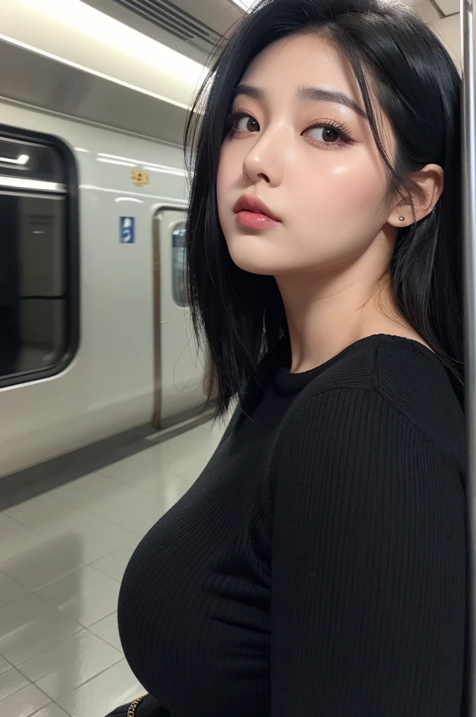 adult plump woman,dark black hair,27 years old,make up,(fair skin,thick upperarms:1.3),upperbody,close up,at train,crewneck white shirt,from side, 