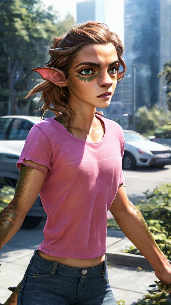 1girl, ewt, Emma watson, beautiful detailed eyes, beautiful detailed lips, extremely detailed eyes and face, long brown hair, pink t-shirt, jeans, standing on a street corner, award winning, intricate details, photorealistic, cinematic lighting, volumetric lighting, depth of field, beautiful face, striking pose, dynamic composition, vivid colors, warm tones, transformation into a dragon, green dragon with gold scales