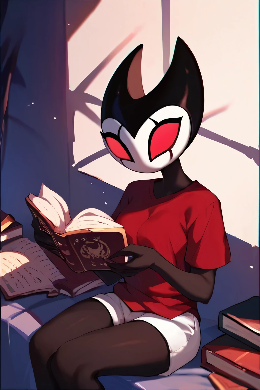 score_9, score_8_up, score_7_up, score_6_up, zPDXL2, grimm \(hollow knight\), vampire, bat, 1girl, cute face, detailed eyes, sitting on a chair, red t-shirt, white shorts, reading a book