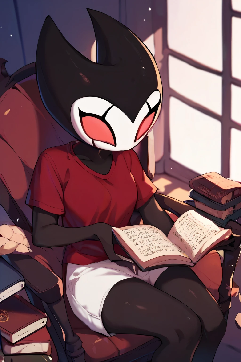 score_9, score_8_up, score_7_up, score_6_up, zPDXL2, grimm \(hollow knight\), vampire, bat, 1girl, cute face, detailed eyes, sitting on a chair, red t-shirt, white shorts, reading a book