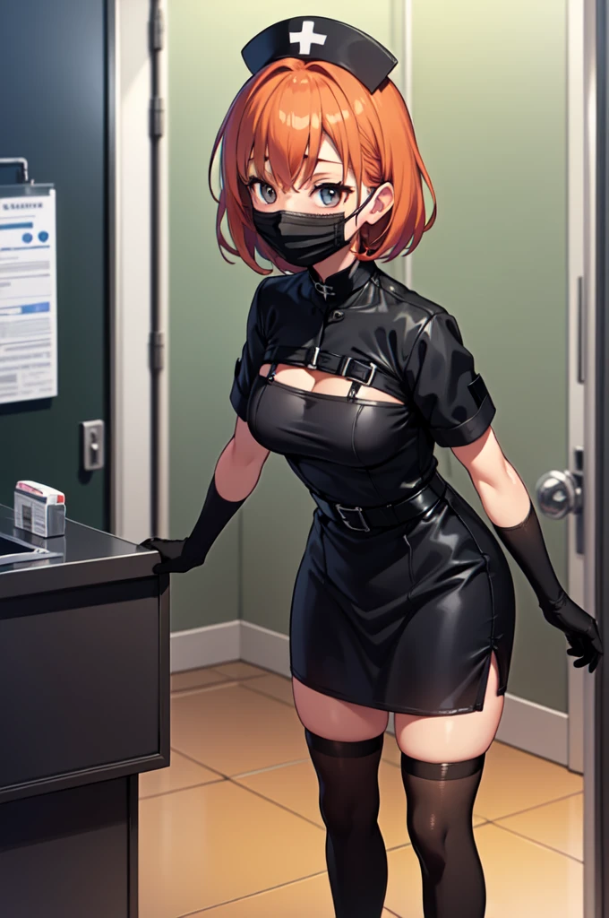 black nurse, 1girl, solo, black nurse cap, black nurse uniform, ((black legwear, zettai ryouiki)), black elbow gloves, very short hair, orange hair, ((black surgical mask, covered nose)), standing, ((surgery room)), sharp outline, short sleeves, tomboy, boyish, best quality, masterpiece