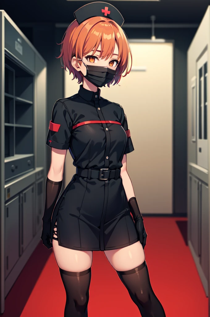 black nurse, 1girl, solo, black nurse cap, black nurse uniform, ((black legwear, zettai ryouiki)), black elbow gloves, very short hair, orange hair, ((black surgical mask, covered nose)), standing, ((surgery room)), sharp outline, short sleeves, tomboy, boyish, best quality, masterpiece