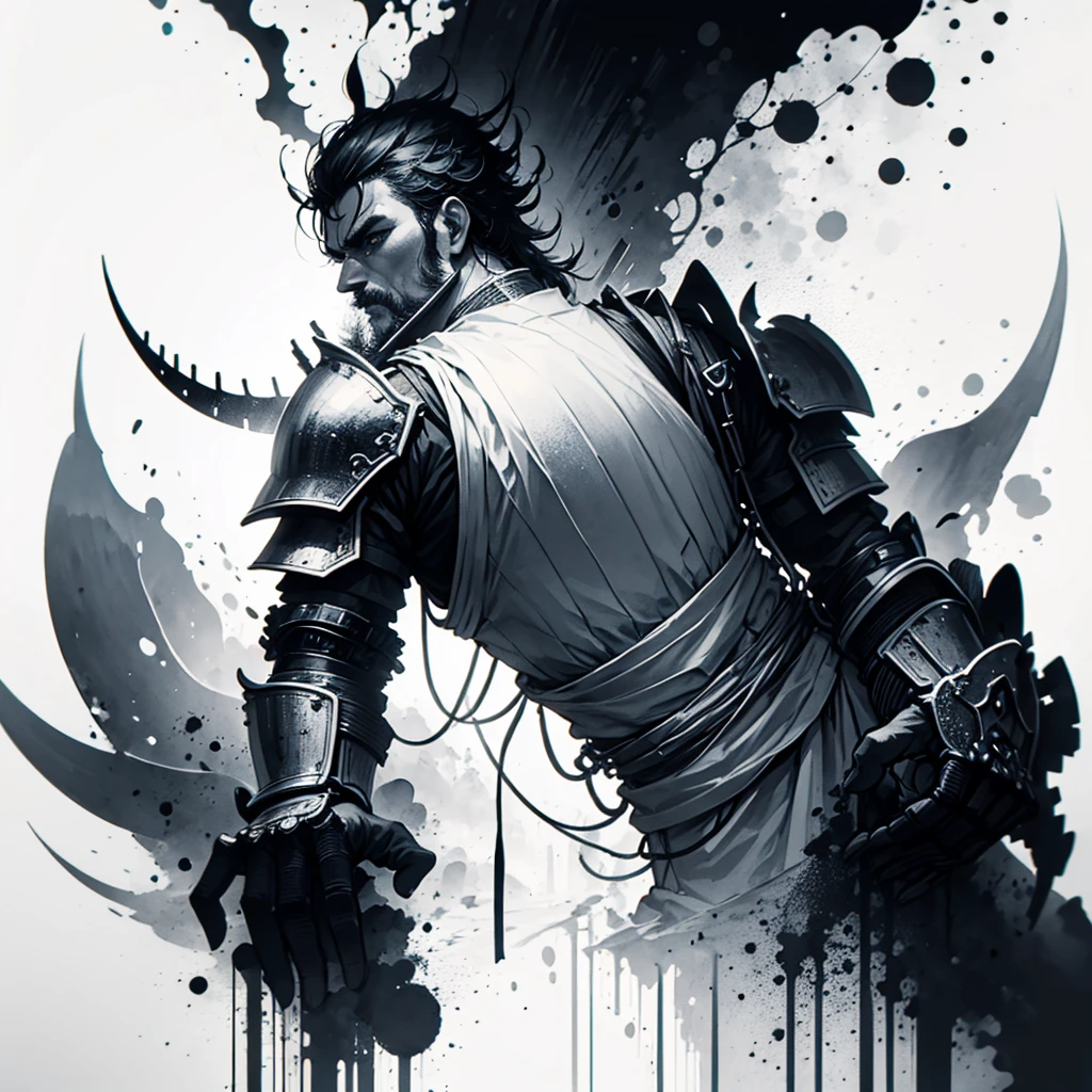 Masterpiece of a Samurai on his back with his armor, by Aase Berg, high contrast blue details, black and white, anime style, Japanese theme, hyperdetailed, ultra quality, 4k, intricate lighting, chiaroscuro, white background with one color ink spots, drawing stroke made with 0.5mm Rottring pen