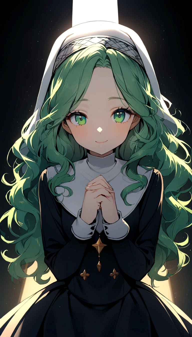One Girl,20-year-old,Beautiful Face,Wavy Hair, Green Hair,Parted bangs、 Sharp focus,Nun's clothing、A kind smile、Gentle eyes、Droopy eyes、Green Eyes、whole body