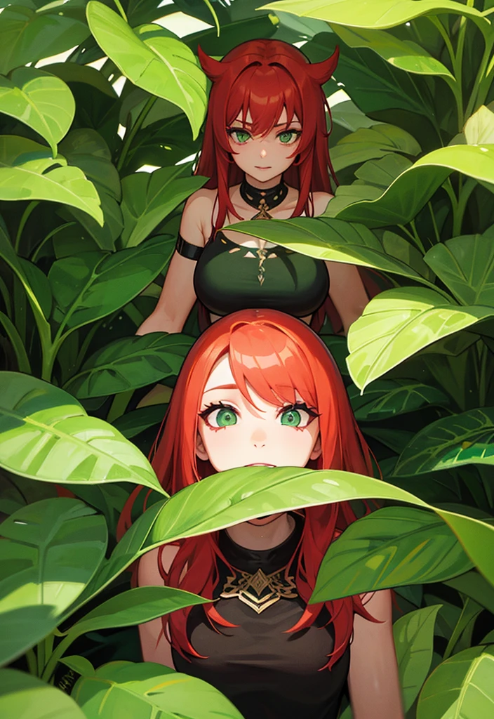 Woman with red hair, green eyes, Green plants everywhere, green plants Background