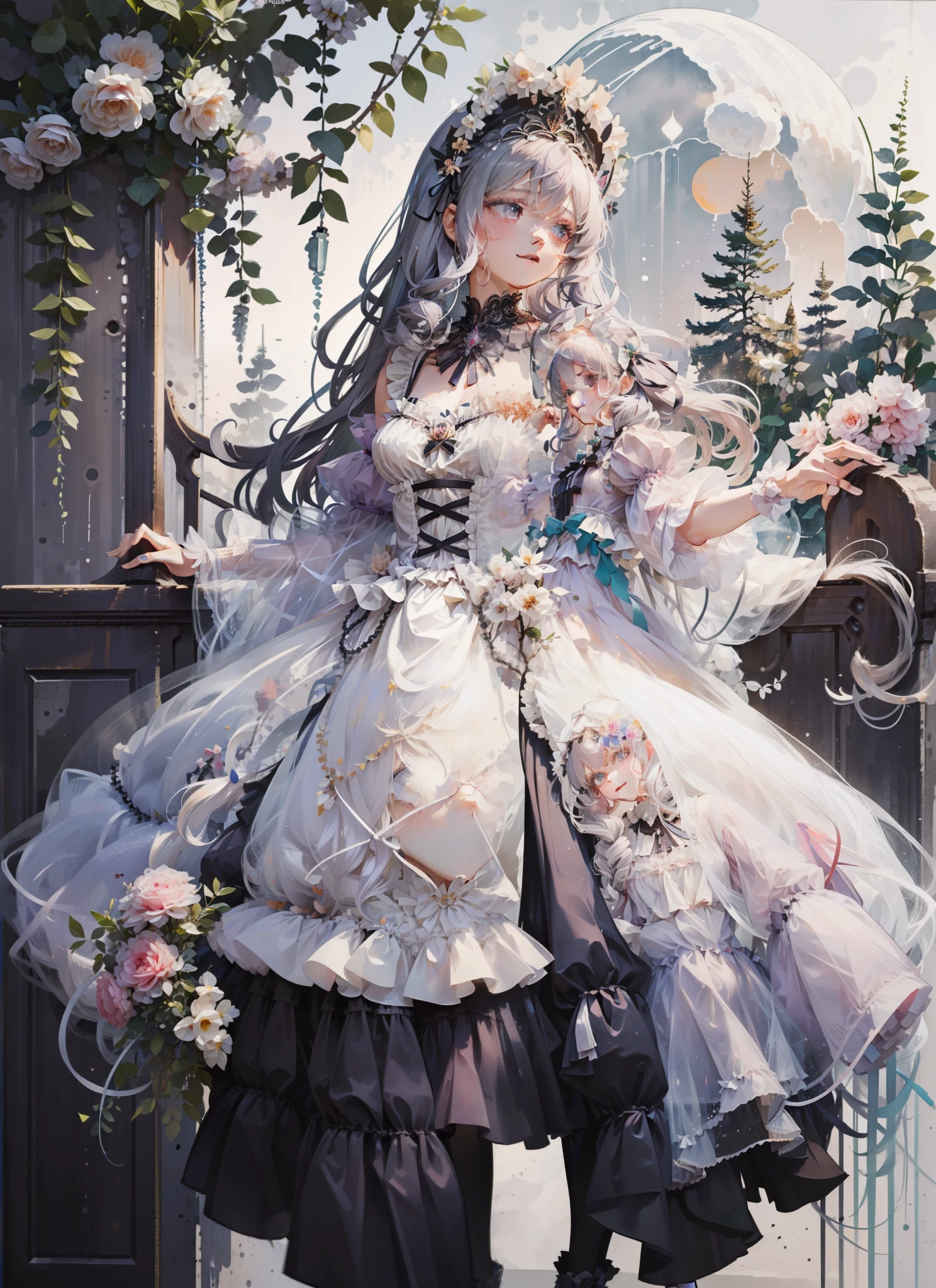 (Extremely delicate and beautiful:1.5),A Russian girl in her early 20s with ash grey hair, standing on your feet, solo, full body，Sweet face，Light smile，By bangs, Gemstone eyes, Contre-Jour，Long curly hair, Gothic-lolita dress, Keep one's mouth shut, seen from the side, lanterns, light particules, longer sleeves, looking at viewert，pink bows, The background is filled with seven colors, The face is dense((must)), Masterpiece