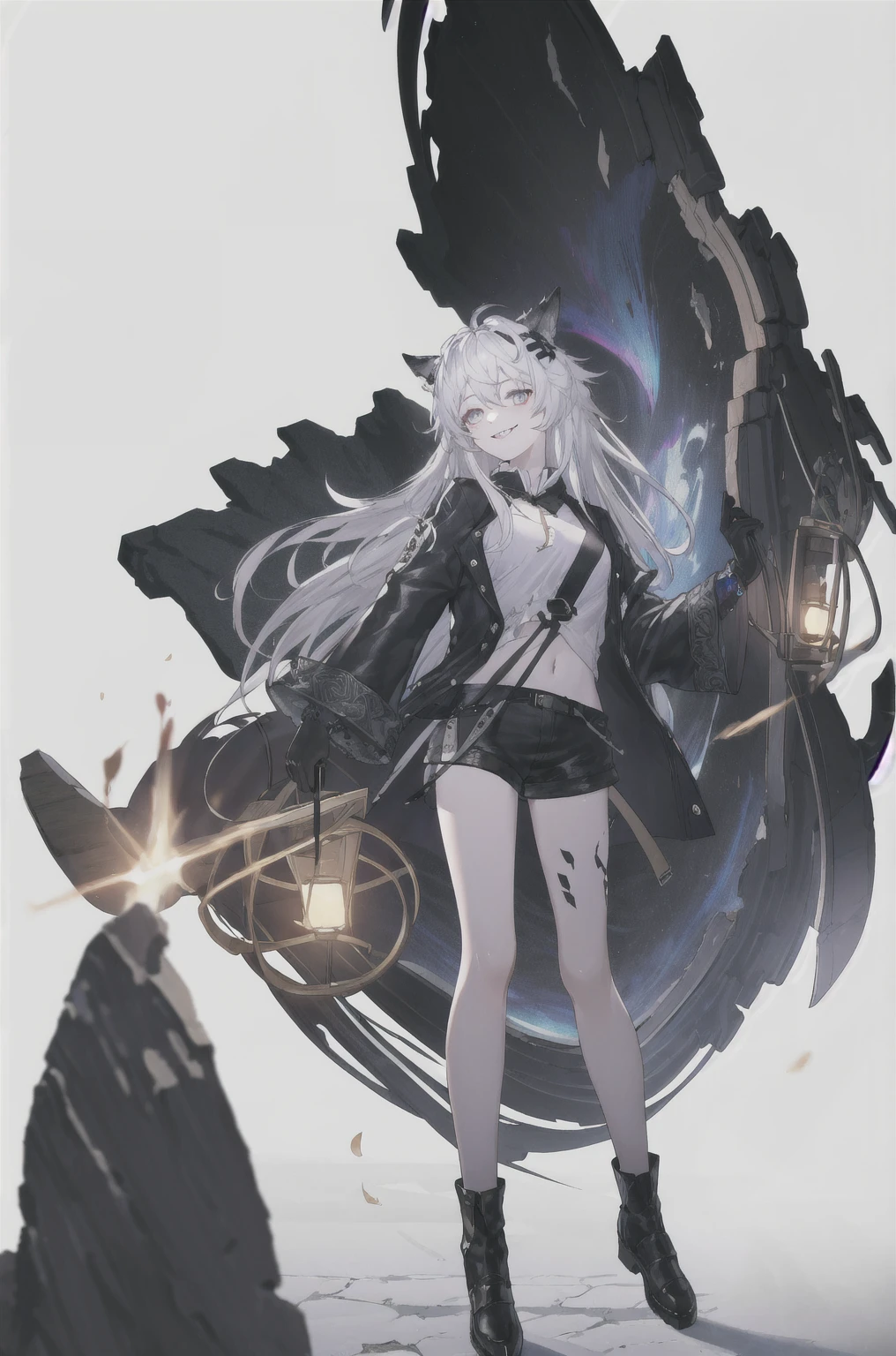 8K,high resolution,absurd,masterpiece,best quality,The original,Extremely detailed CG,Extremely detailed wallpaper,Perfect lighting,1 Girl,Vague_background,
(hutaodef:1.2),Black shorts,black h在 with h在 ,Regular Clothes,smile,white background