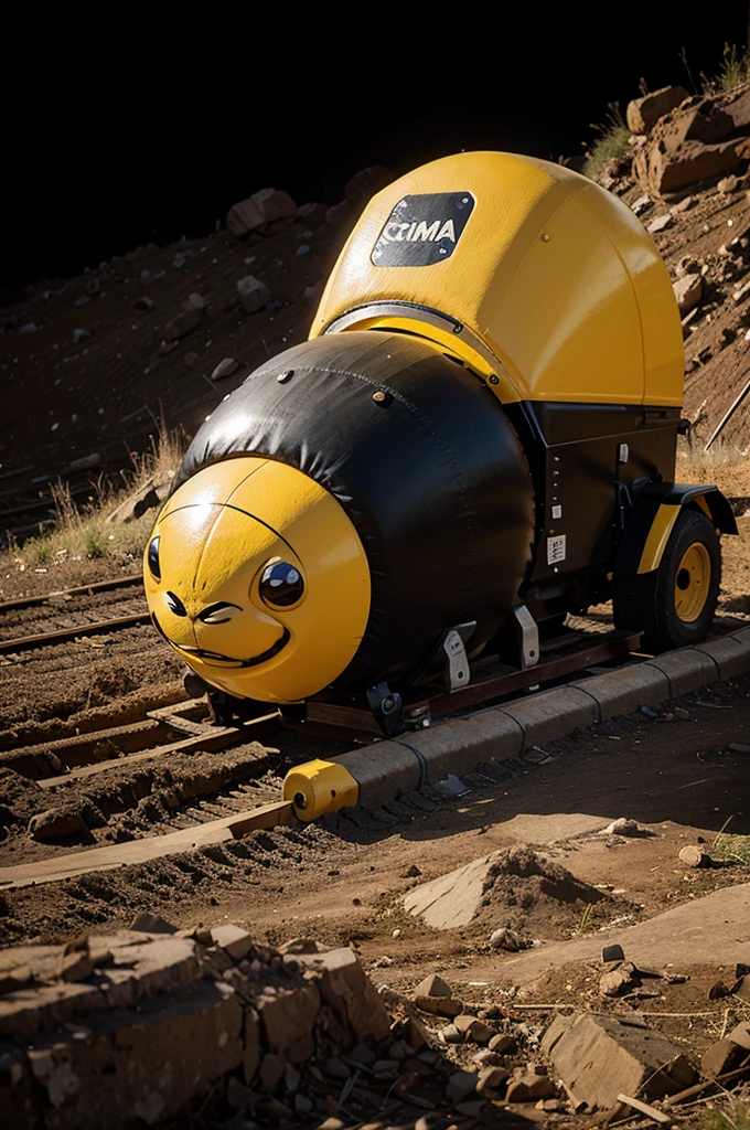 Big-assed hippopotamus with yellow safety helmet, showing the big buttocks, In a spare parts warehouse.